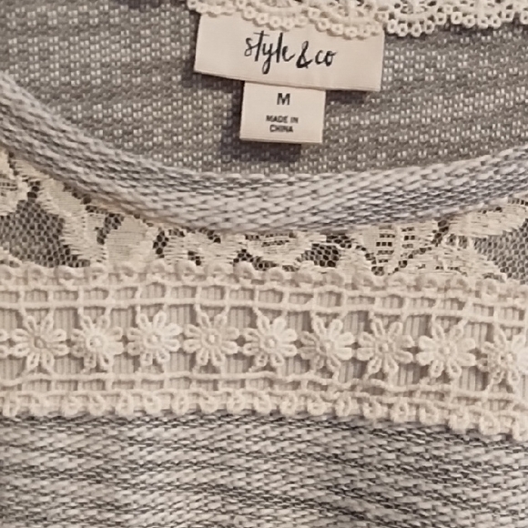 Style & Co. Gray and Cream Lace Long Sleeve Top - Picture 3 of 4